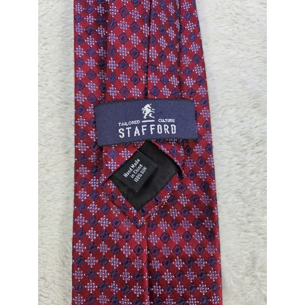 Stafford Silk Tie Red Blue Geometric Pattern Classic Business Formal Necktie